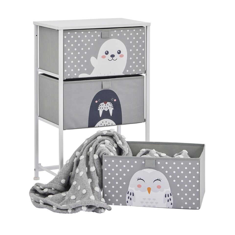 Kids Arctic Animals 3 Drawer Cube Canvas Storage Unit & Shelf  - Grey White