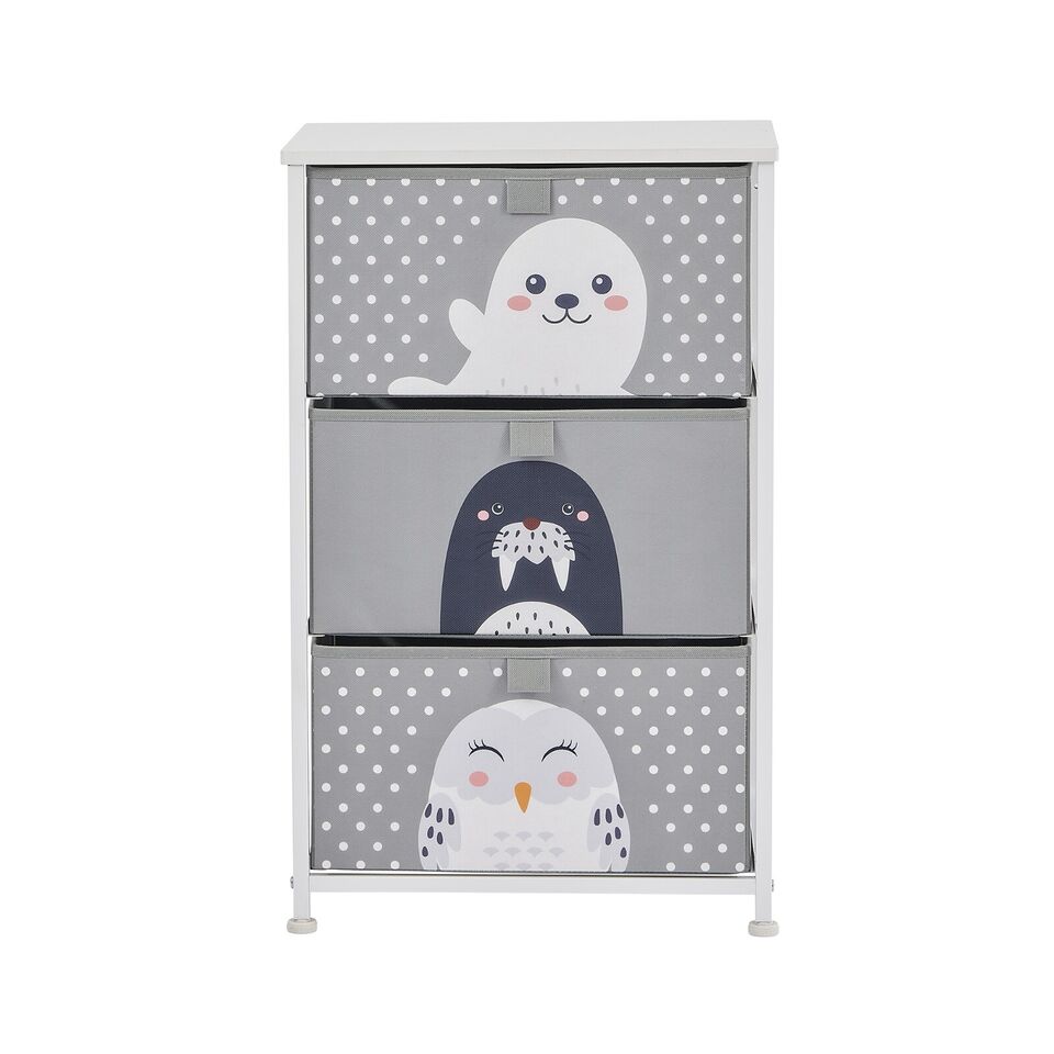 Kids Arctic Animals 3 Drawer Cube Canvas Storage Unit & Shelf  - Grey White