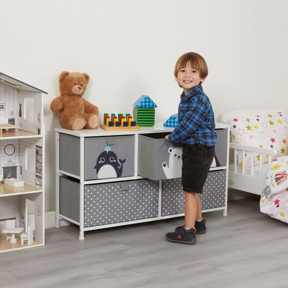 Kids Arctic Animals 5 Drawer Cube Canvas Storage Unit & Shelf  - Grey White
