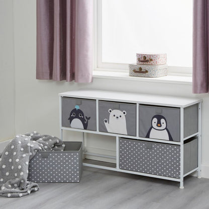 Kids Arctic Animals 5 Drawer Cube Canvas Storage Unit & Shelf  - Grey White