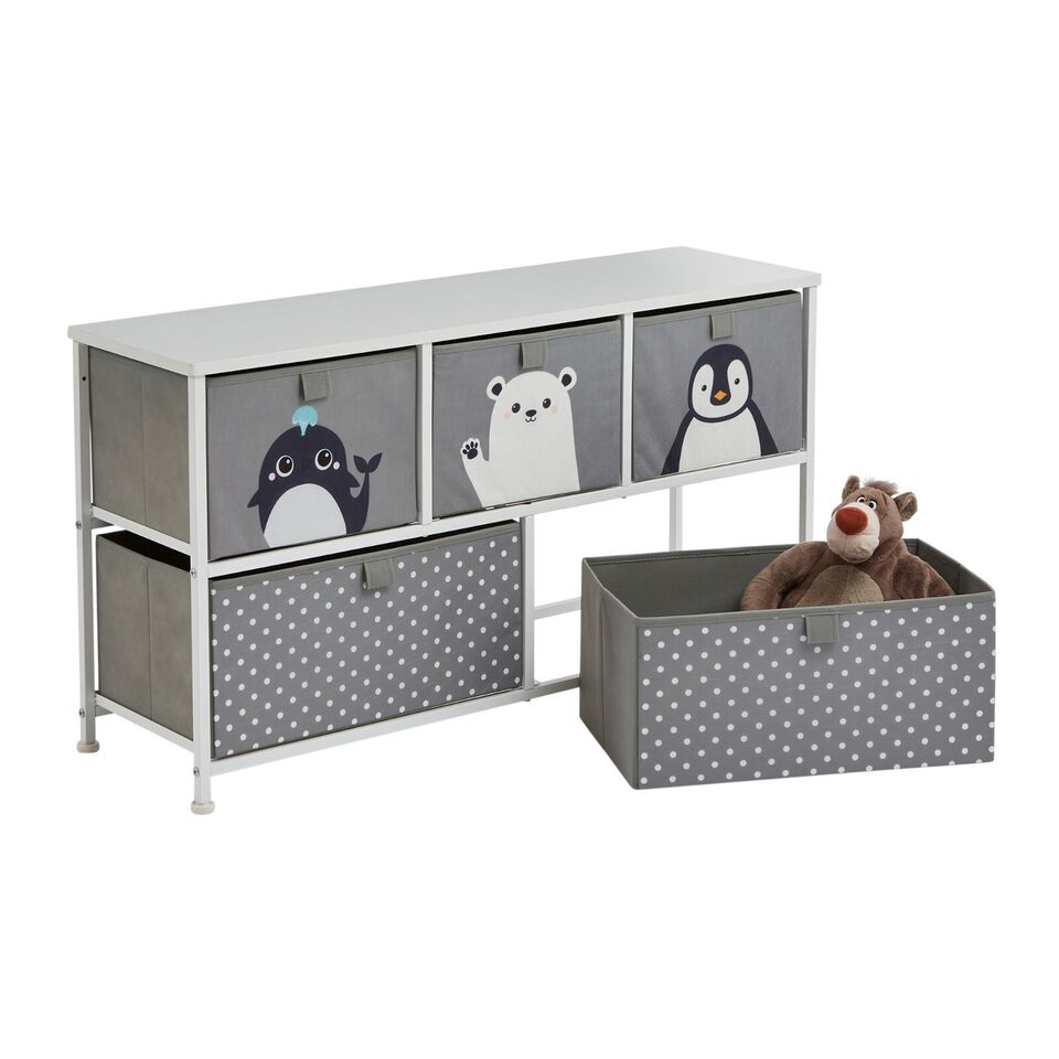 Kids Arctic Animals 5 Drawer Cube Canvas Storage Unit & Shelf  - Grey White