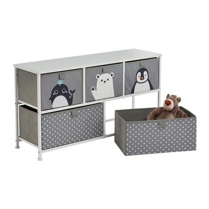 Kids Arctic Animals 5 Drawer Cube Canvas Storage Unit & Shelf  - Grey White