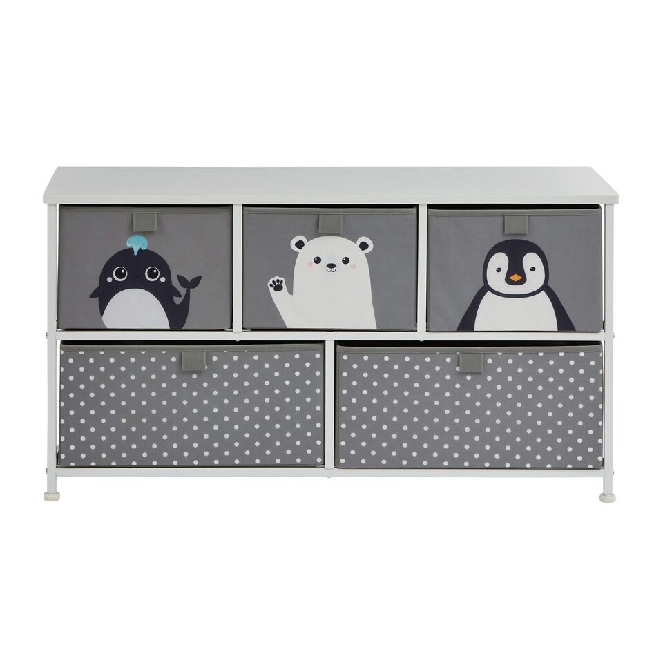 Kids Arctic Animals 5 Drawer Cube Canvas Storage Unit & Shelf  - Grey White