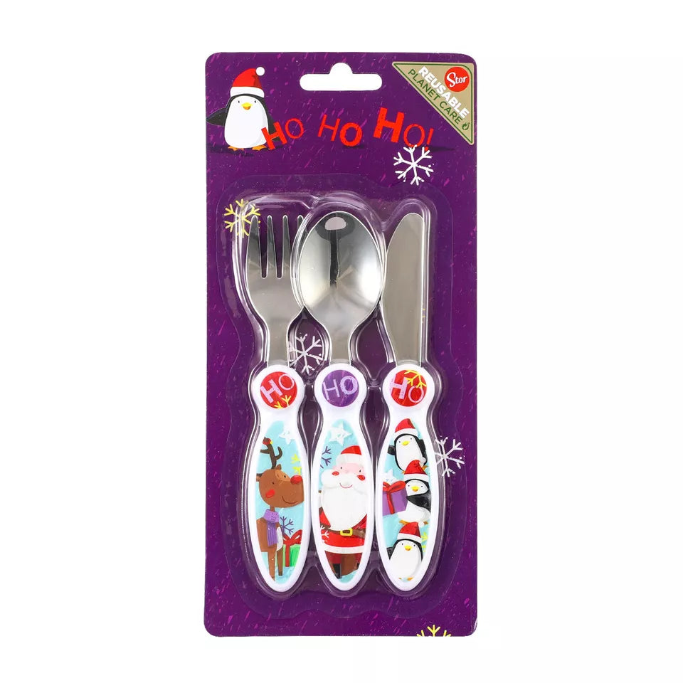 Kids Reusable Christmas 3pcs Cutlery Set - Knife Fork Spoon - Santa Rudolph