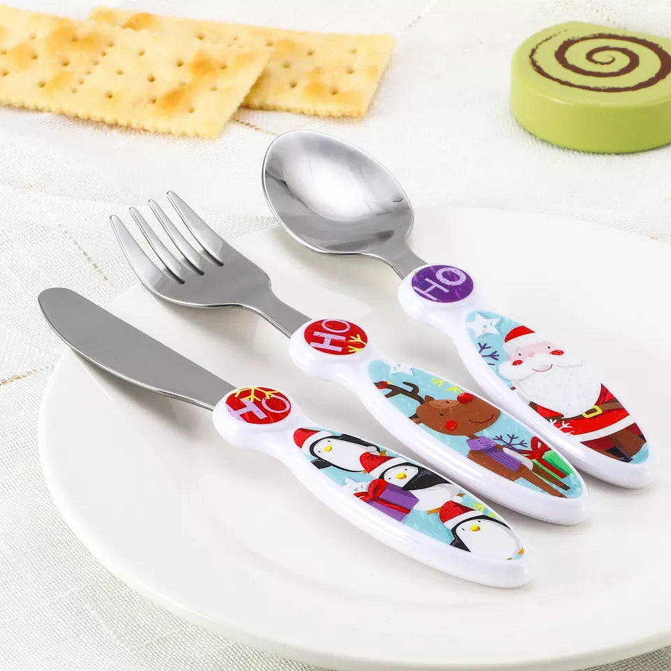 Kids Reusable Christmas 3pcs Cutlery Set - Knife Fork Spoon - Santa Rudolph