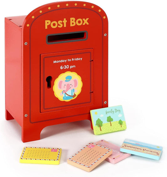 Kids Wooden Red Post Box Mail Letters Creative Pretend Play Toy