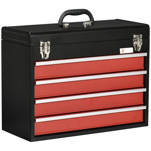 Lockable 4 Drawer Metal Tool Box with Ball Bearing Slide Drawers - Black & Red
