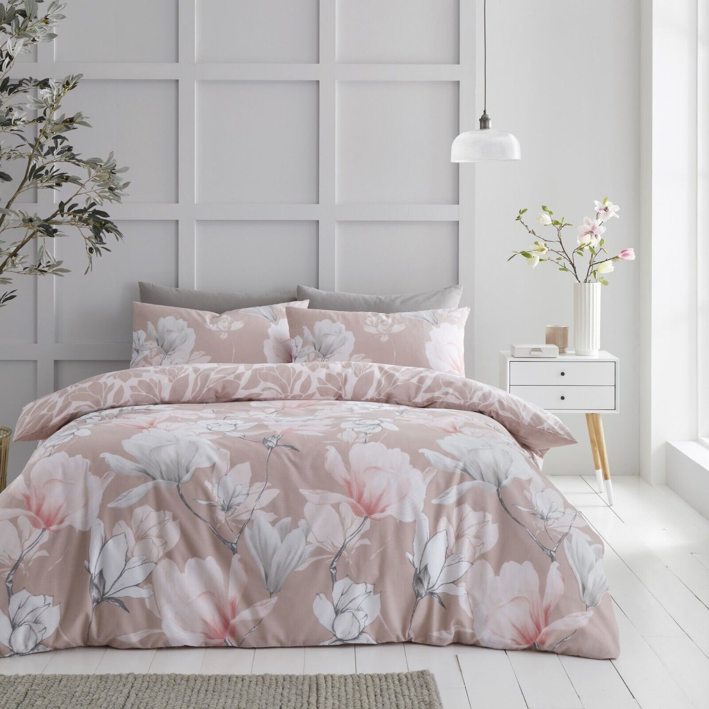 Magnolia Floral Print Polycotton Duvet Cover Bedding Set - Blush Pink or Grey