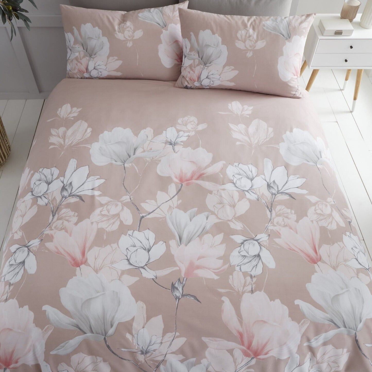 Magnolia Floral Print Polycotton Duvet Cover Bedding Set - Blush Pink or Grey
