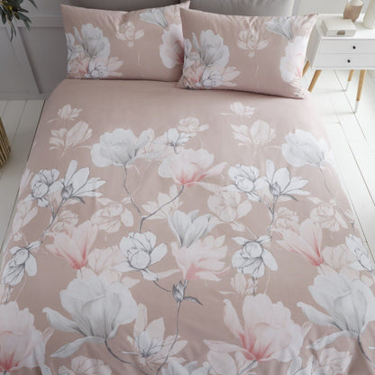 Magnolia Floral Print Polycotton Duvet Cover Bedding Set - Blush Pink or Grey