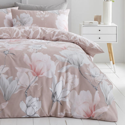 Magnolia Floral Print Polycotton Duvet Cover Bedding Set - Blush Pink or Grey