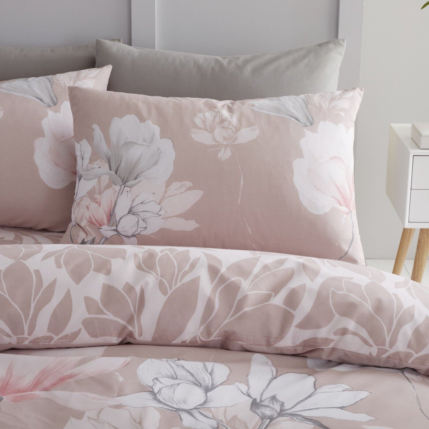 Magnolia Floral Print Polycotton Duvet Cover Bedding Set - Blush Pink or Grey