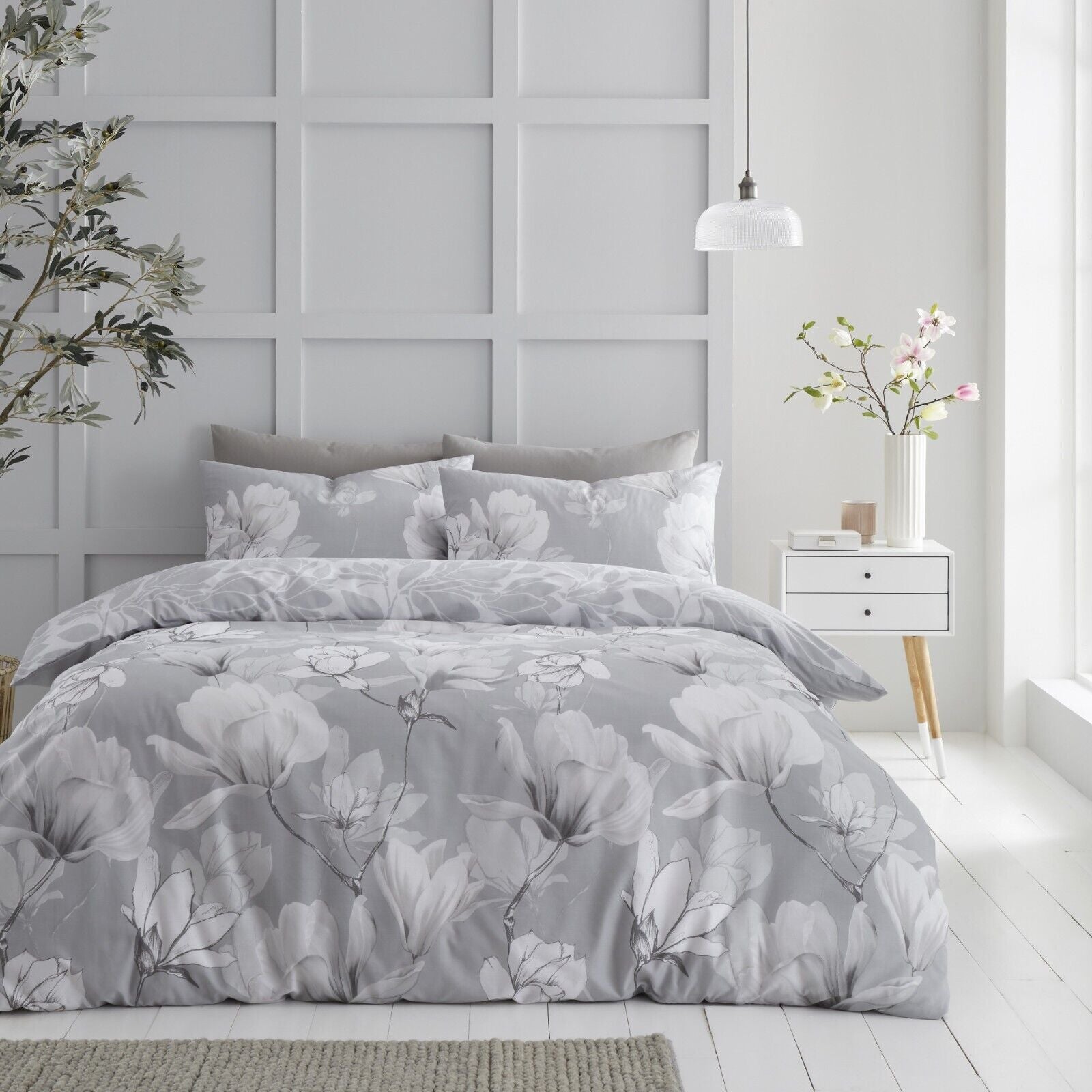 Magnolia Floral Print Polycotton Duvet Cover Bedding Set - Blush Pink or Grey