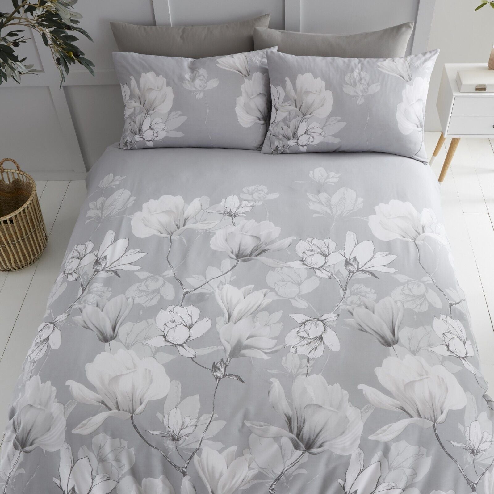 Magnolia Floral Print Polycotton Duvet Cover Bedding Set - Blush Pink or Grey