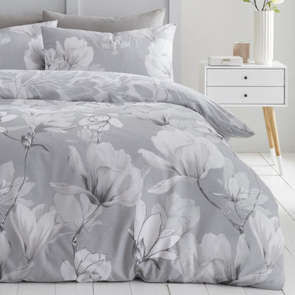 Magnolia Floral Print Polycotton Duvet Cover Bedding Set - Blush Pink or Grey