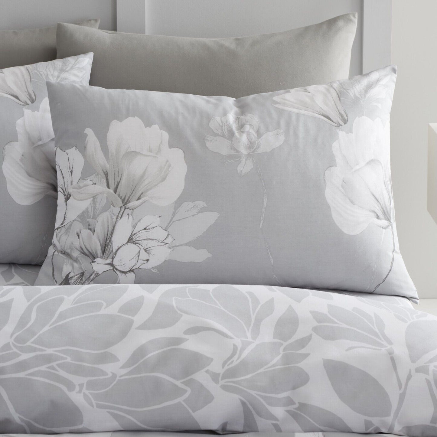 Magnolia Floral Print Polycotton Duvet Cover Bedding Set - Blush Pink or Grey