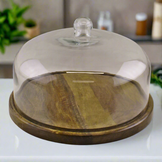 Mango Wood Cake Board Stand with Glass Dome Storage