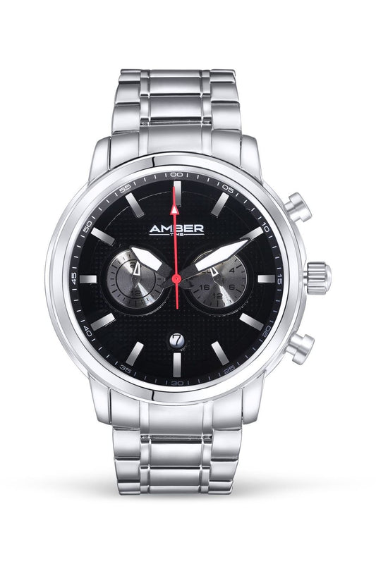 Men's Amber Time Black Dial Quartz Chronograph Watch with Stainless Steel Band