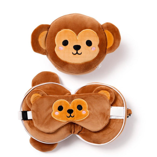 Monkey Relaxeazzz Plush Round Kids Travel Pillow & Eye Mask Set
