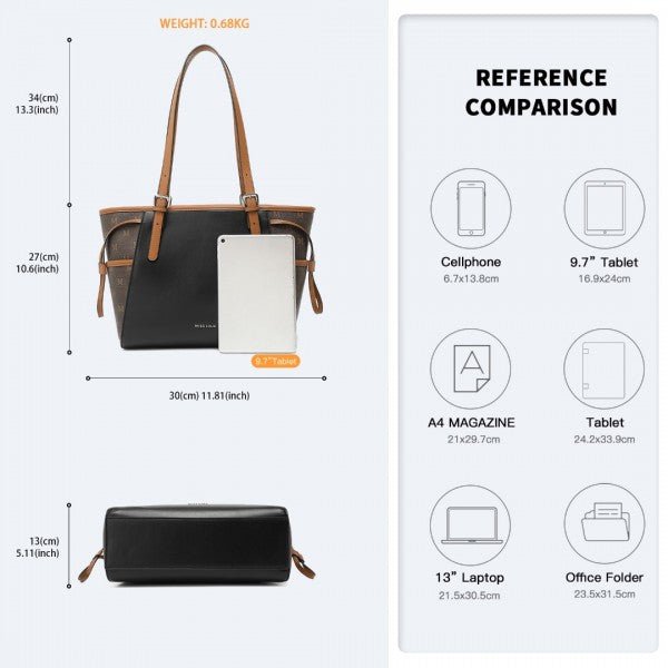 Monogram Pattern Tote Shoulder Bag Handbag - Black and Brown