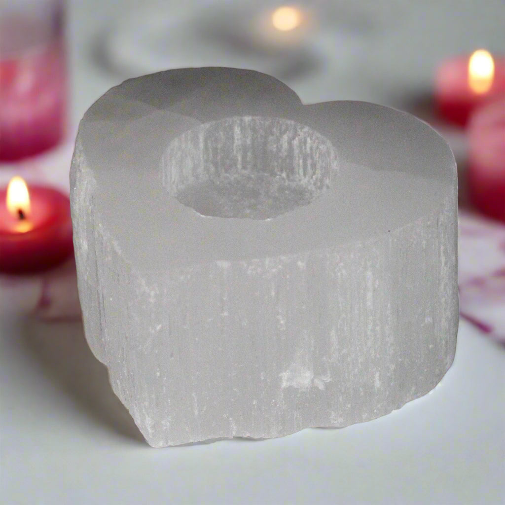 Moroccan Natural Selenite Crystal Candle Holders - Heart