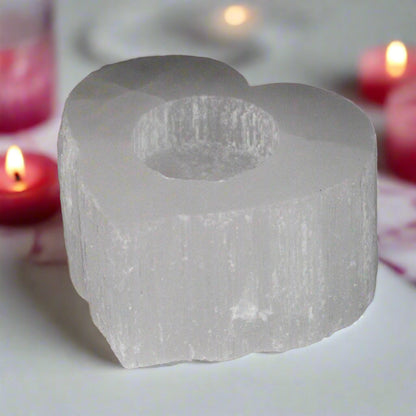 Moroccan Natural Selenite Crystal Candle Holders - Heart