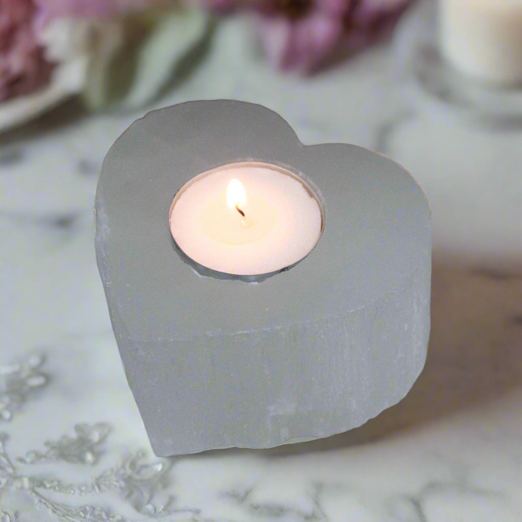 Moroccan Natural Selenite Crystal Candle Holders - Heart