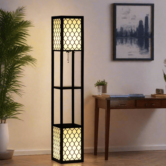 Tall Wooden Geometric Floor Lamp with 2 Storage Shelves - Black