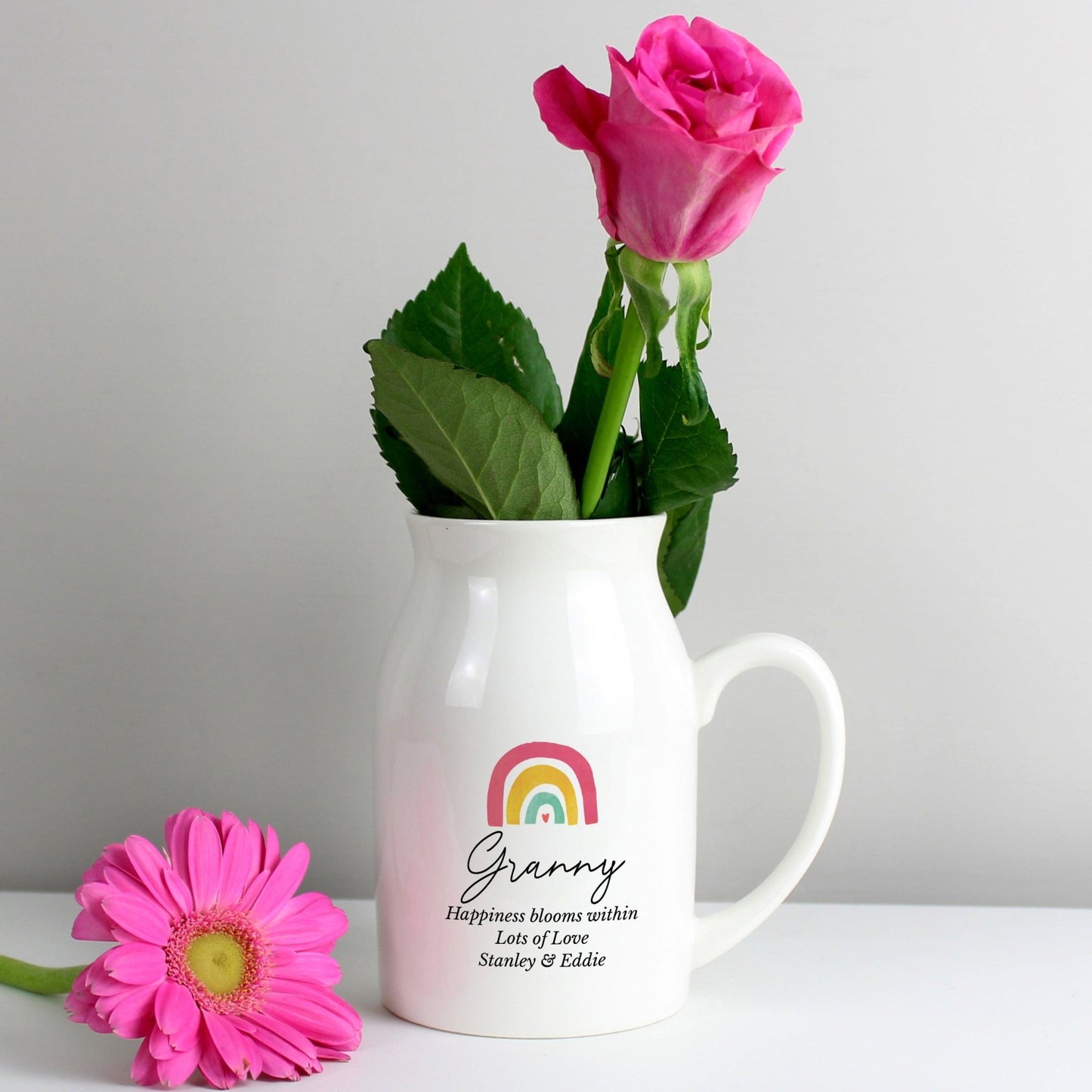 Personalised Message Ceramic White Jug Flower Vase - Rainbow Design