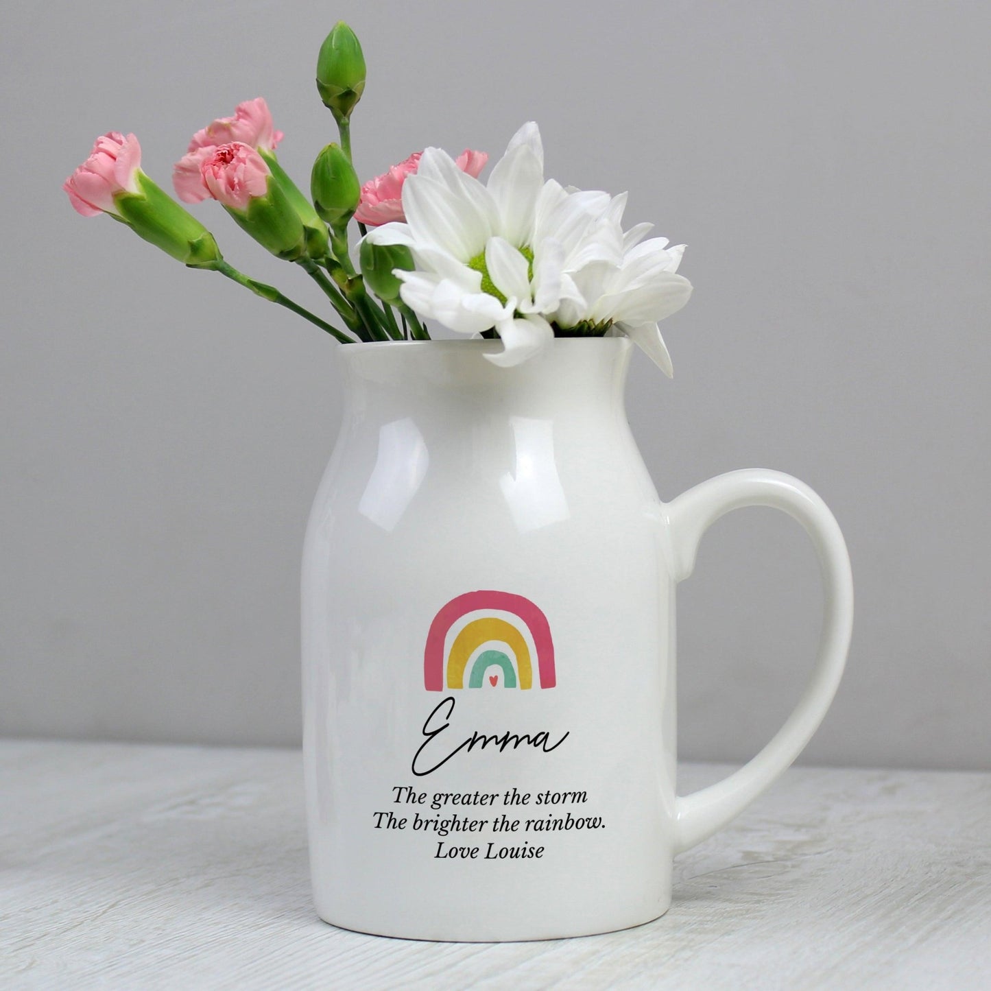 Personalised Message Ceramic White Jug Flower Vase - Rainbow Design