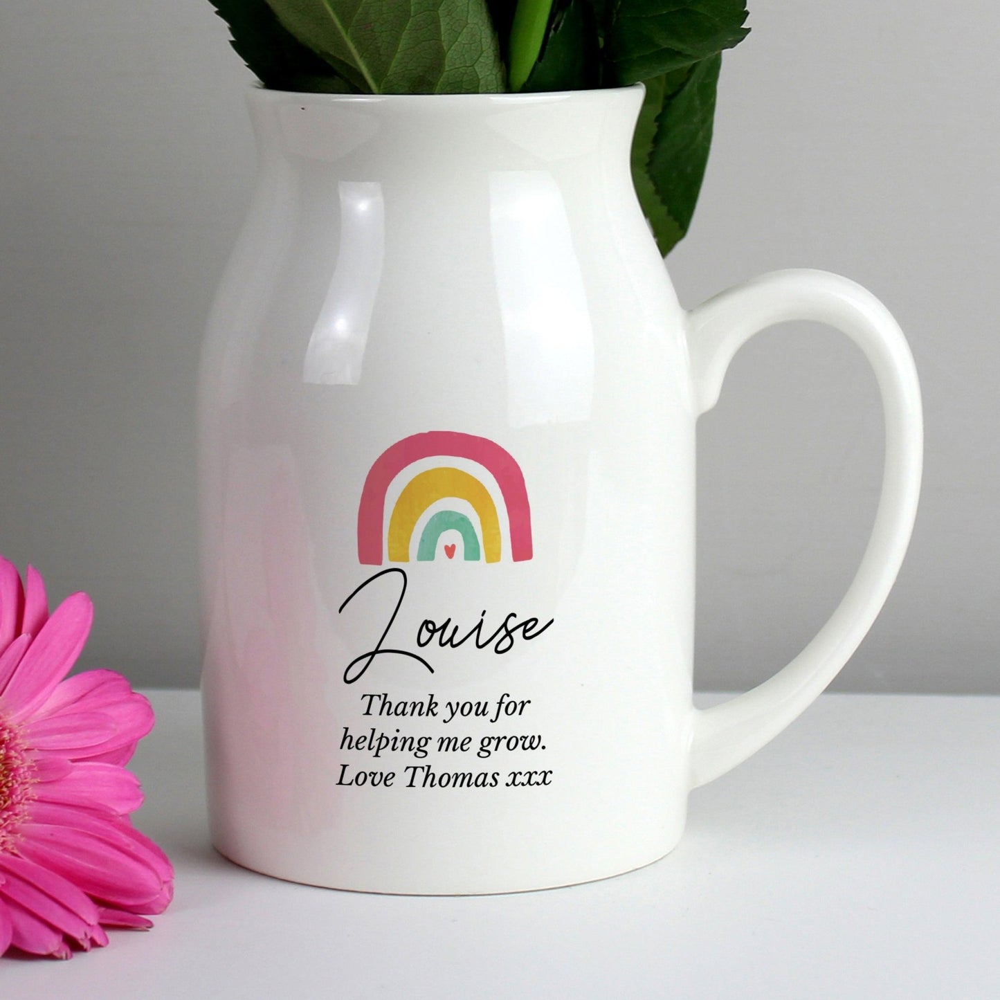 Personalised Message Ceramic White Jug Flower Vase - Rainbow Design