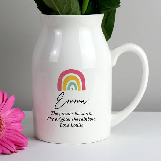 Personalised Message Ceramic White Jug Flower Vase - Rainbow Design
