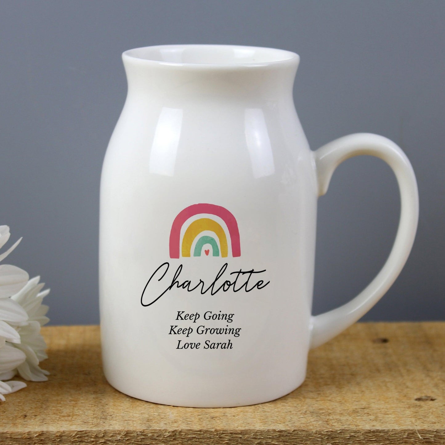 Personalised Message Ceramic White Jug Flower Vase - Rainbow Design