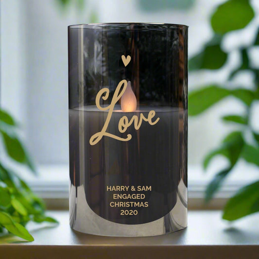 Personalised Message Love Heart Black Smoked Glass LED Candle