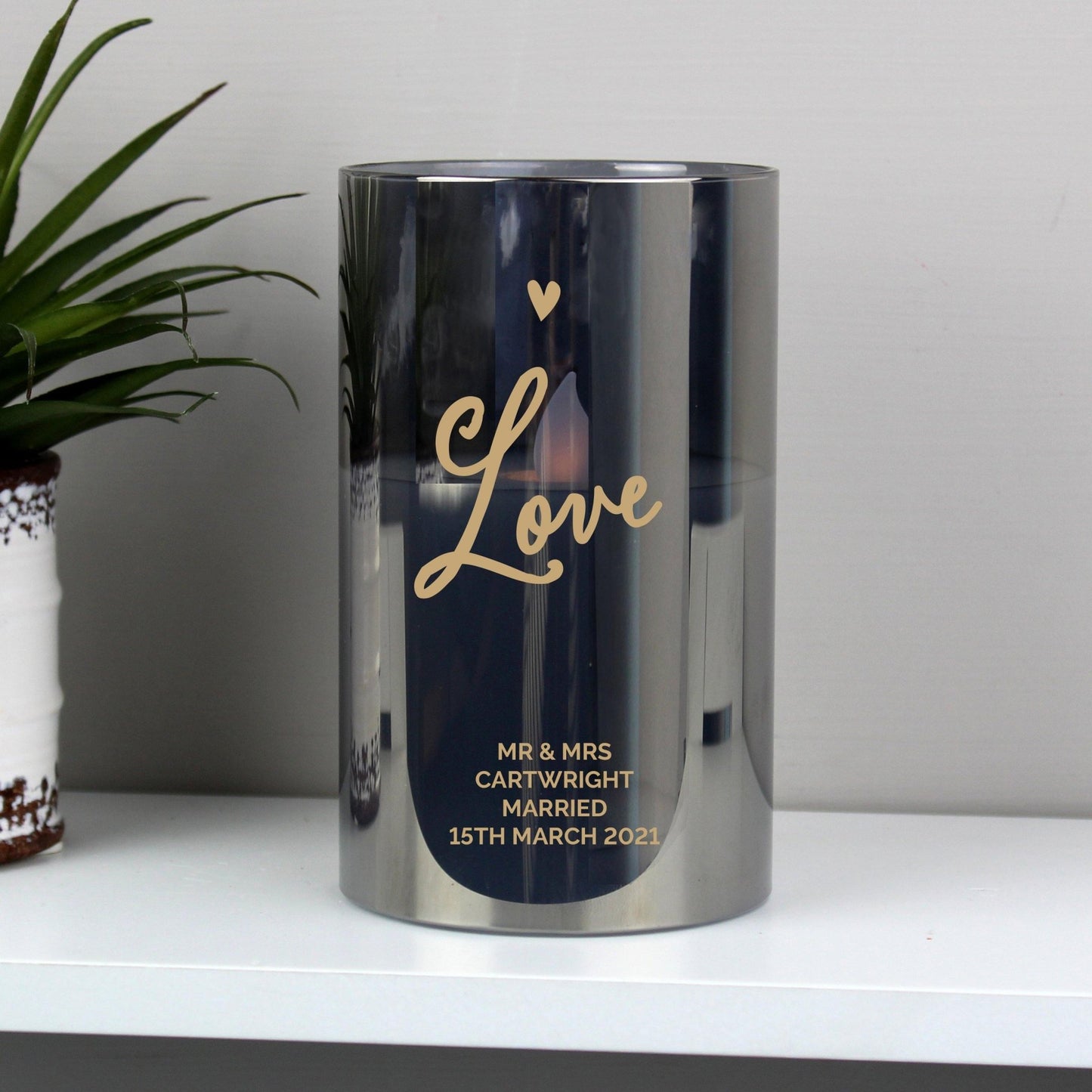 Personalised Message Love Heart Black Smoked Glass LED Candle