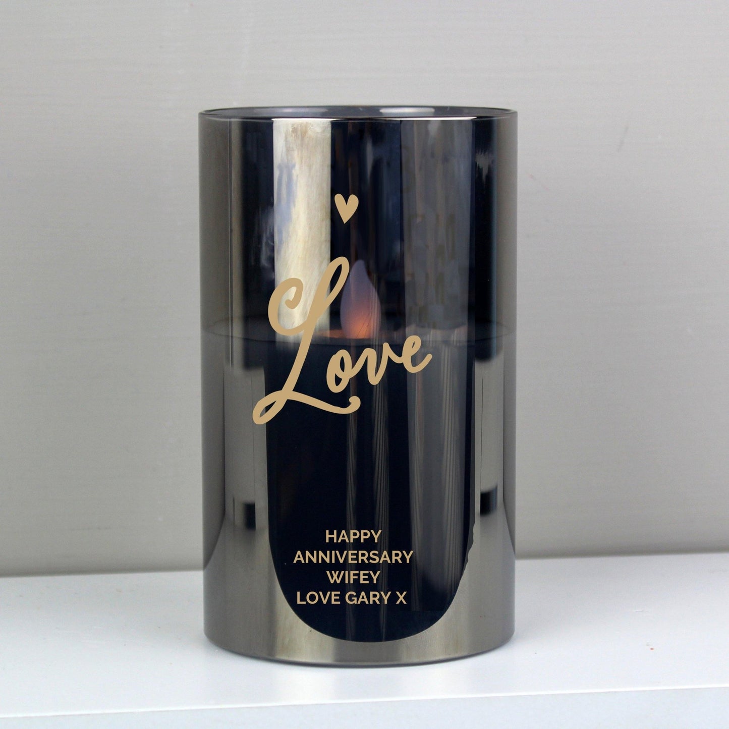 Personalised Message Love Heart Black Smoked Glass LED Candle