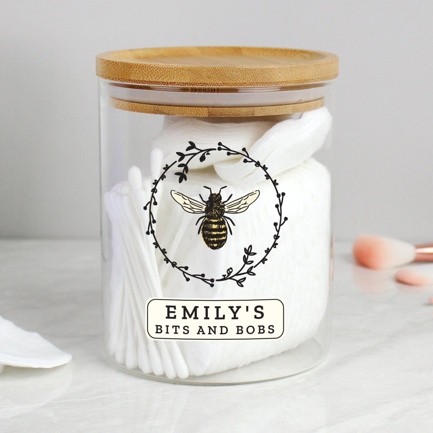 Personalised Bee Design Glass Storage Jar with Bamboo Lid