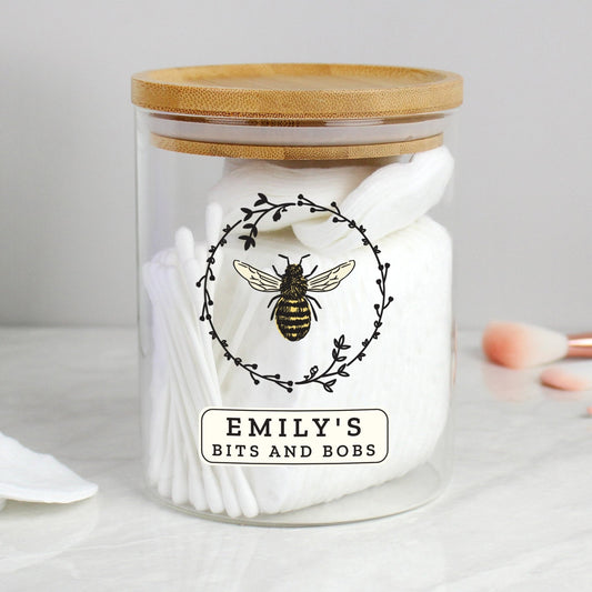 Personalised Bee Design Glass Storage Jar with Bamboo Lid