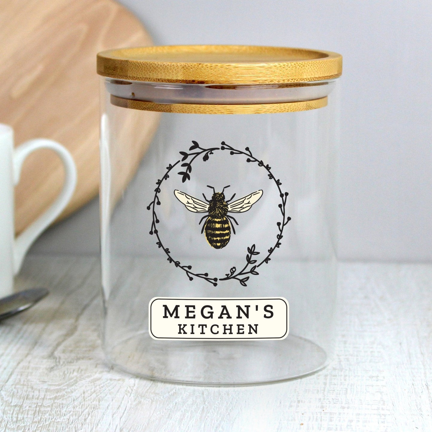 Personalised Bee Design Glass Storage Jar with Bamboo Lid