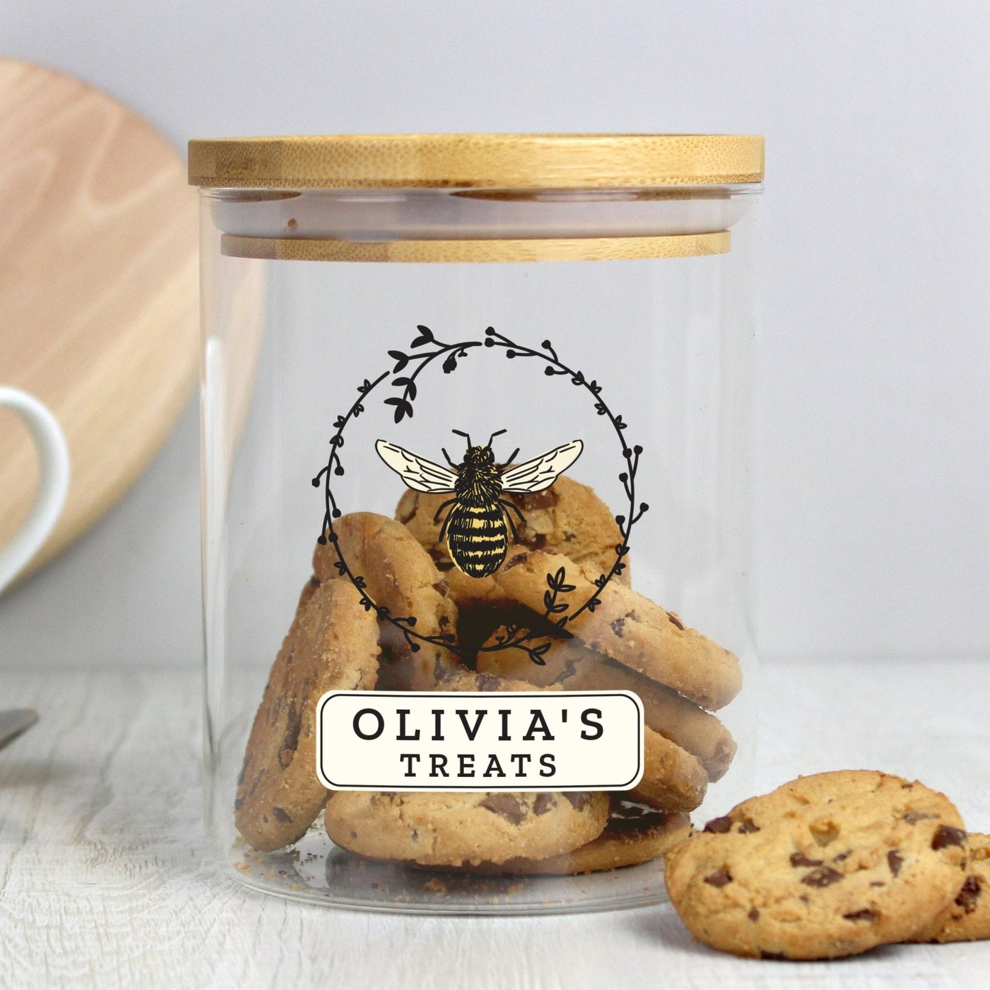 Personalised Bee Design Glass Storage Jar with Bamboo Lid