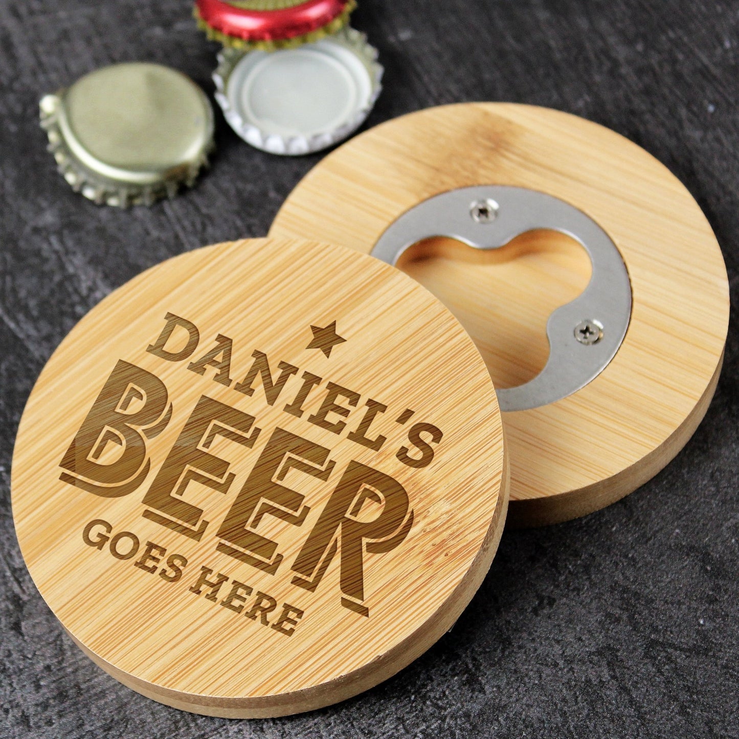 Personalised Beer Goes Here Wooden Bamboo Bottle Opener and Coaster