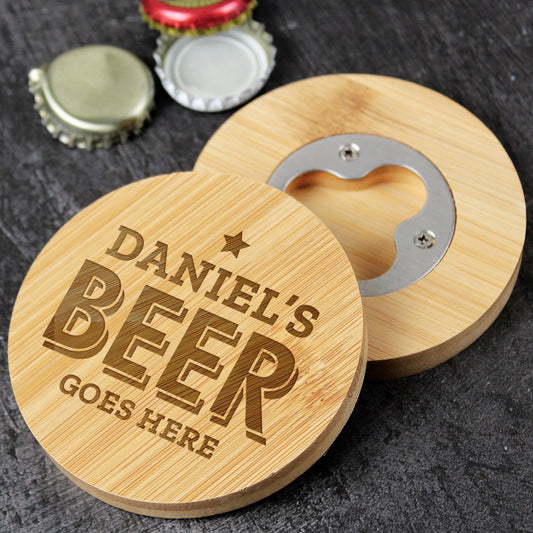 Personalised Beer Goes Here Wooden Bamboo Bottle Opener and Coaster