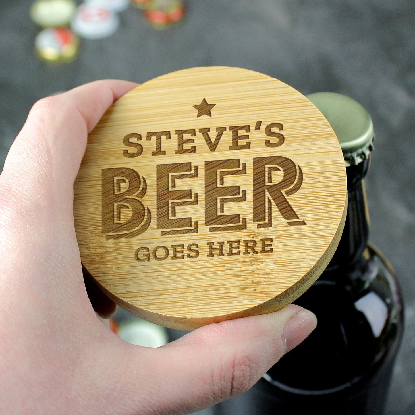 Personalised Beer Goes Here Wooden Bamboo Bottle Opener and Coaster