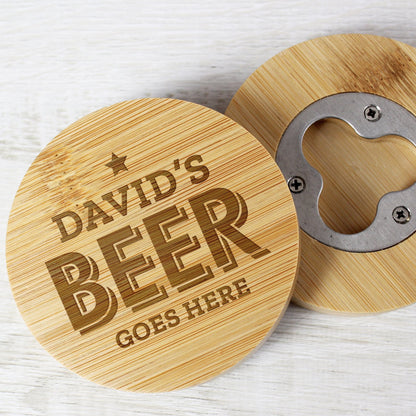 Personalised Beer Goes Here Wooden Bamboo Bottle Opener and Coaster