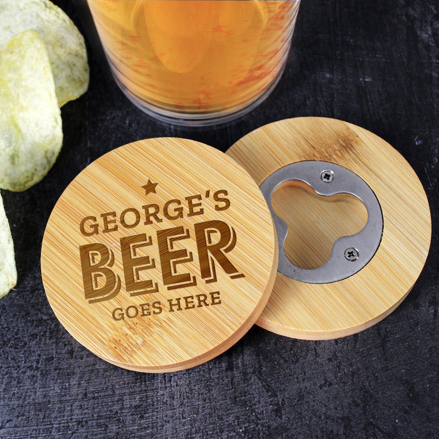 Personalised Beer Goes Here Wooden Bamboo Bottle Opener and Coaster