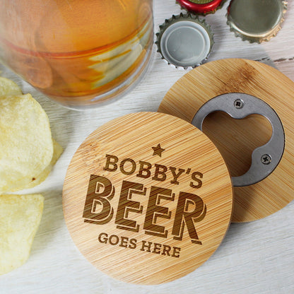 Personalised Beer Goes Here Wooden Bamboo Bottle Opener and Coaster