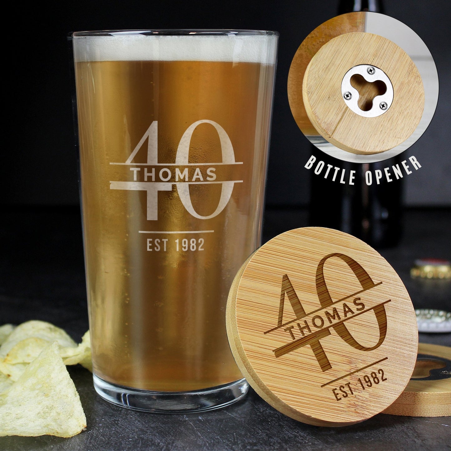 Personalised Big Age Bamboo Bottle Opener Coaster and Pint Glass Gift Set