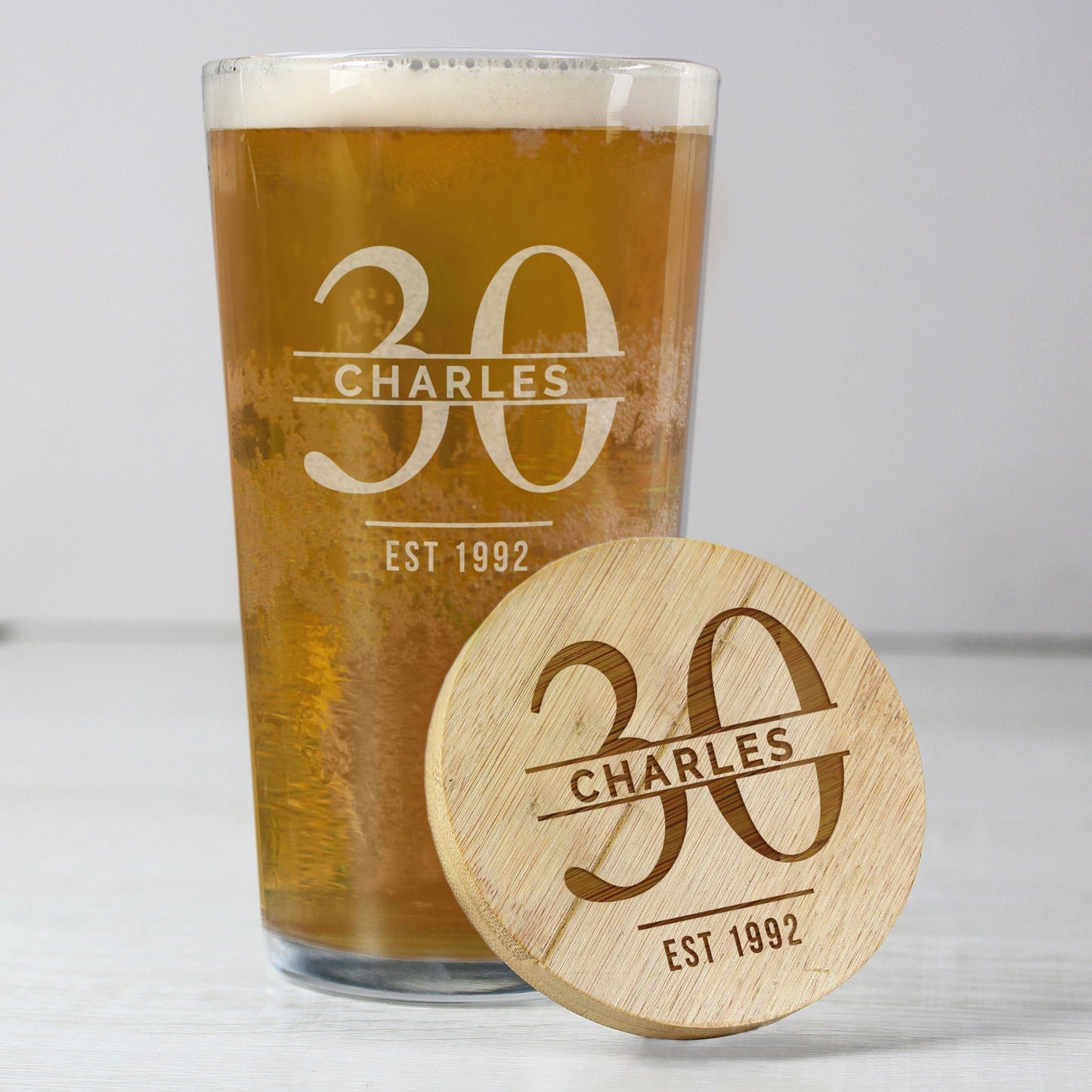 Personalised Big Age Bamboo Bottle Opener Coaster and Pint Glass Gift Set