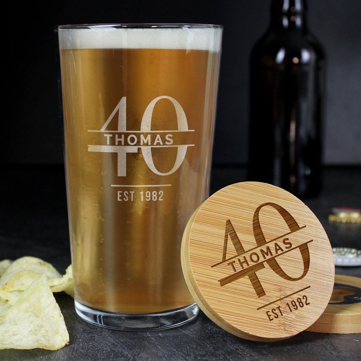 Personalised Big Age Bamboo Bottle Opener Coaster and Pint Glass Gift Set