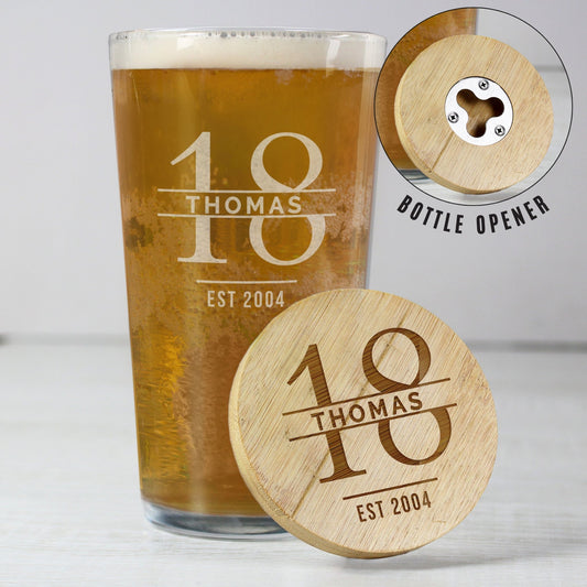 Personalised Big Age Bamboo Bottle Opener Coaster and Pint Glass Gift Set